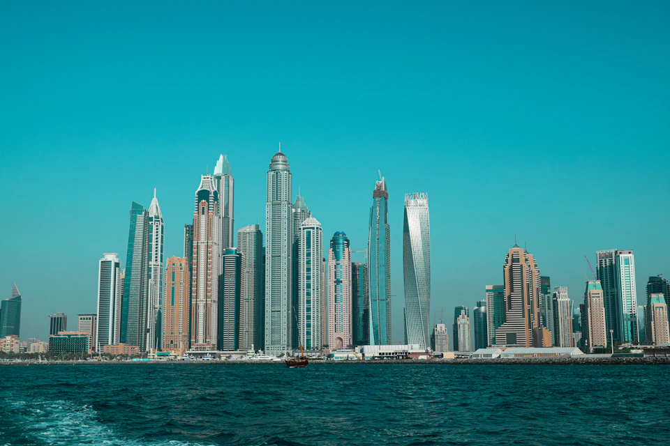 Dubai Marina skyline across the water on a clear day